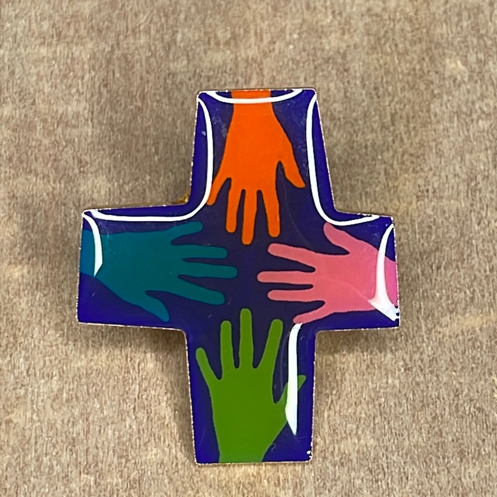 Multicolor Cross with Hands Lapel Pin